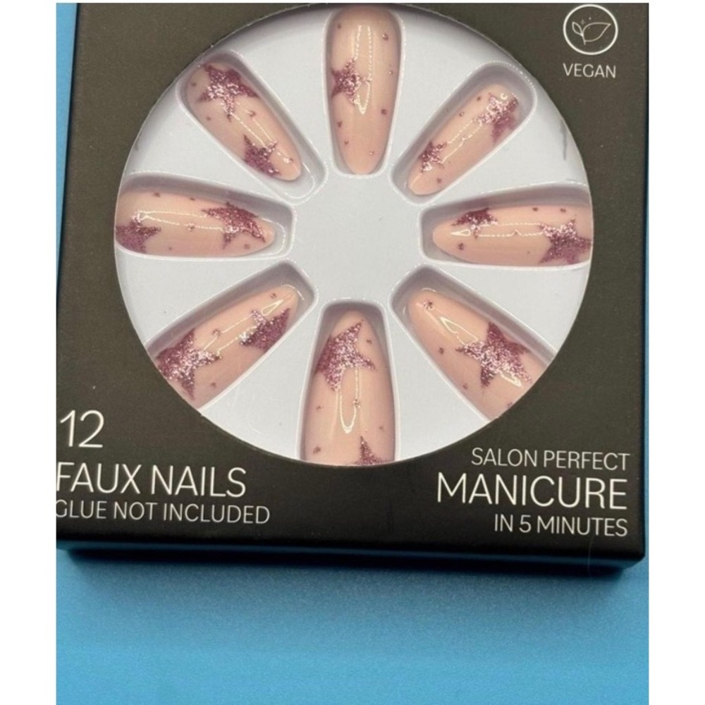 Pretty Woman Pink Glitter Star Faux Nails 12ct Stiletto Press On PDV7848 Vegan‎